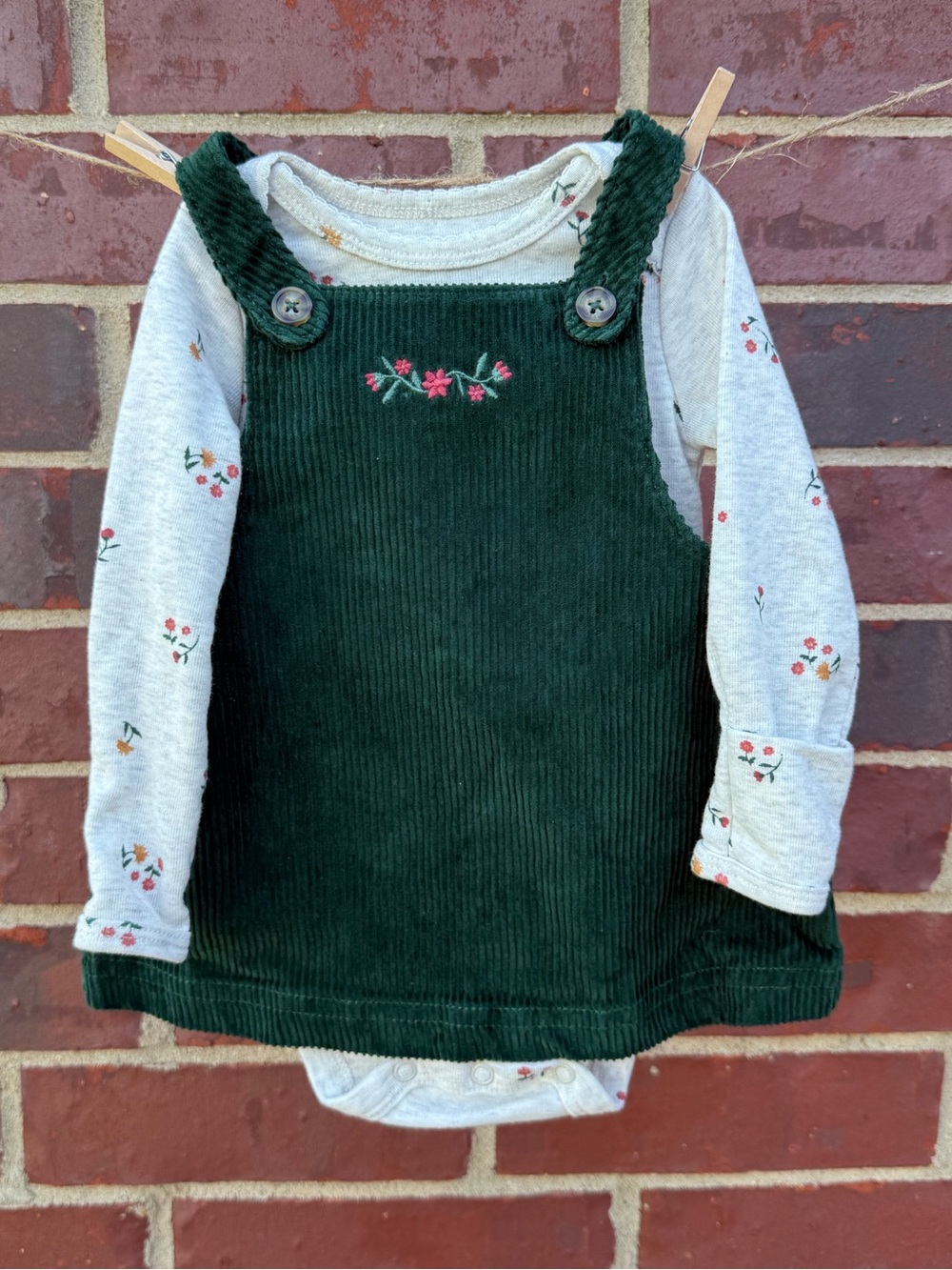 Carter's Dark Green Corduroy Pinafore Dress with Pink Floral Embroidery